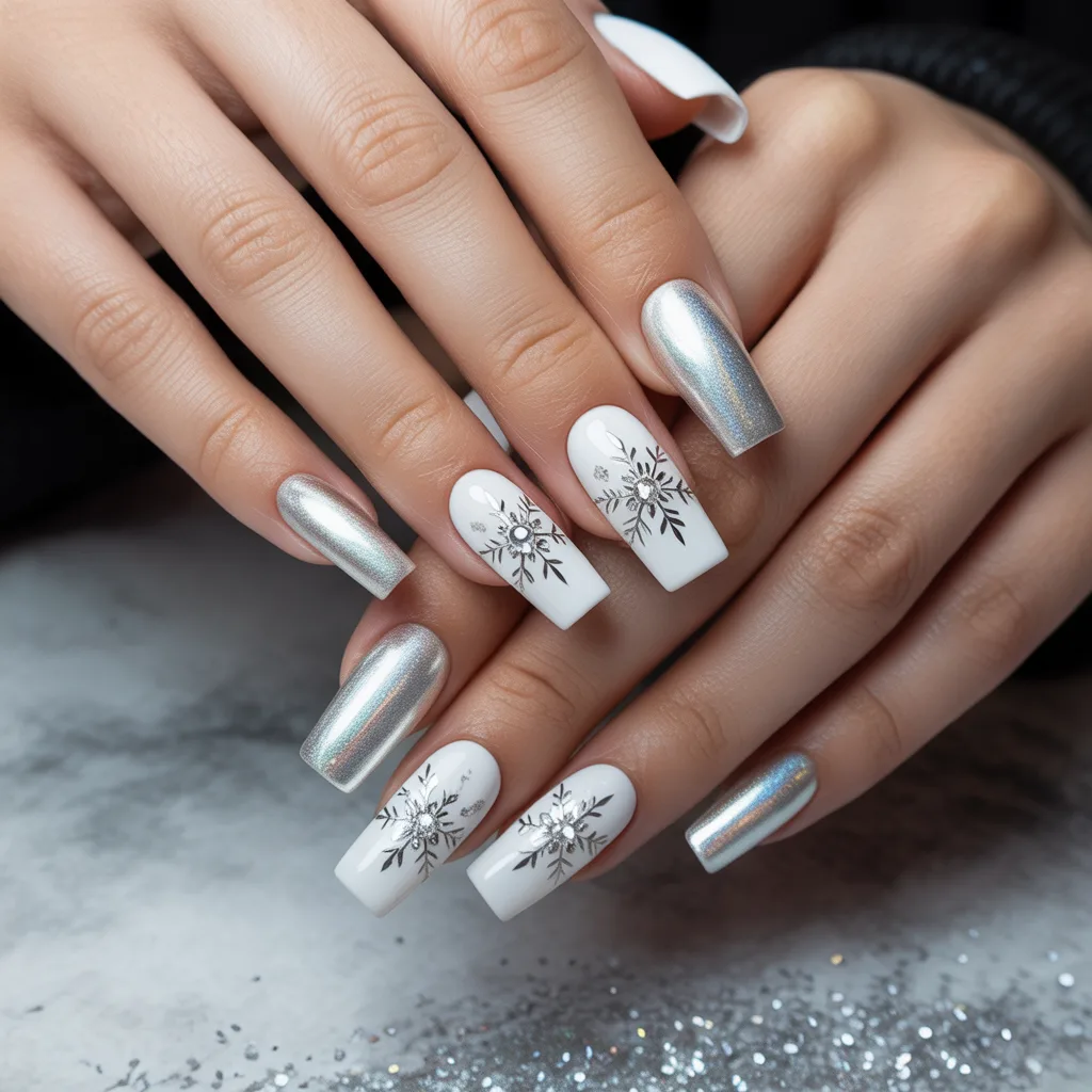 Silver Snowflake Accent Nails