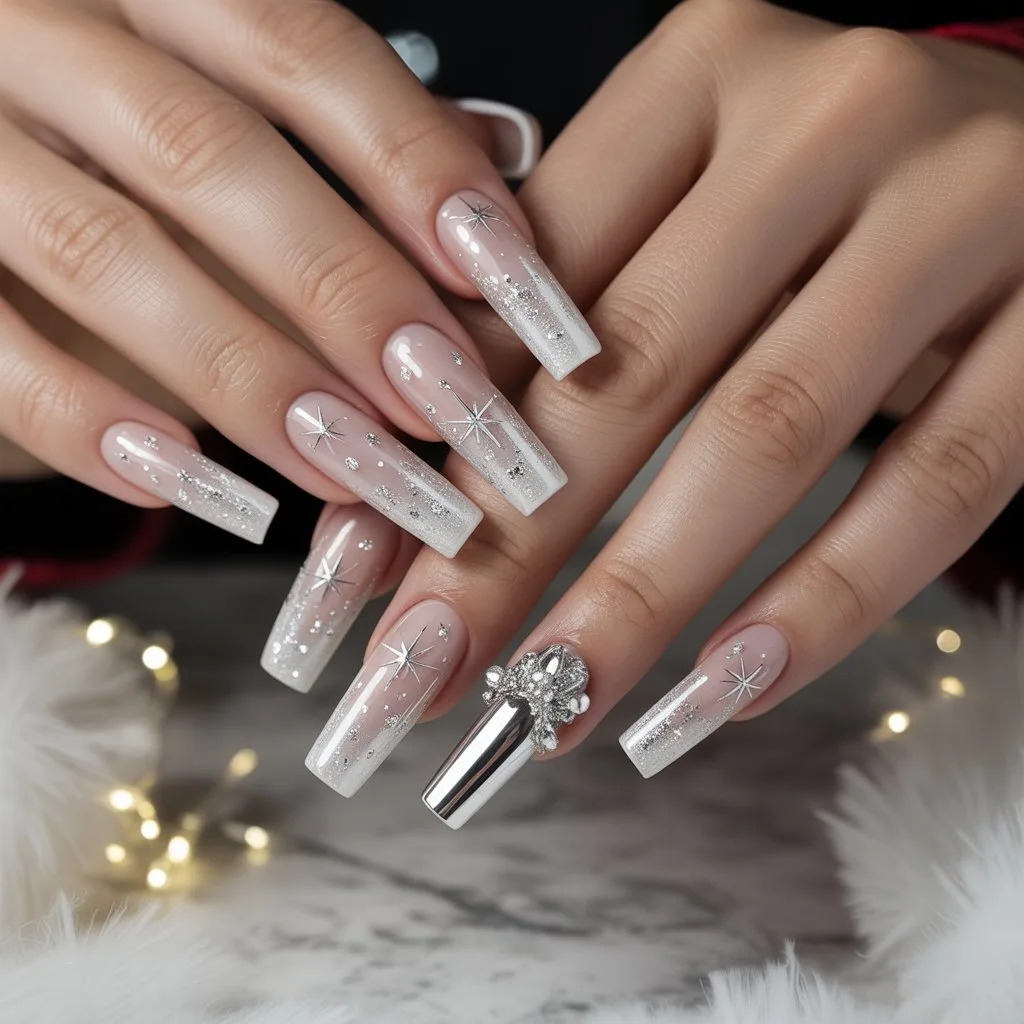 Silver Star French Sparkle Nails