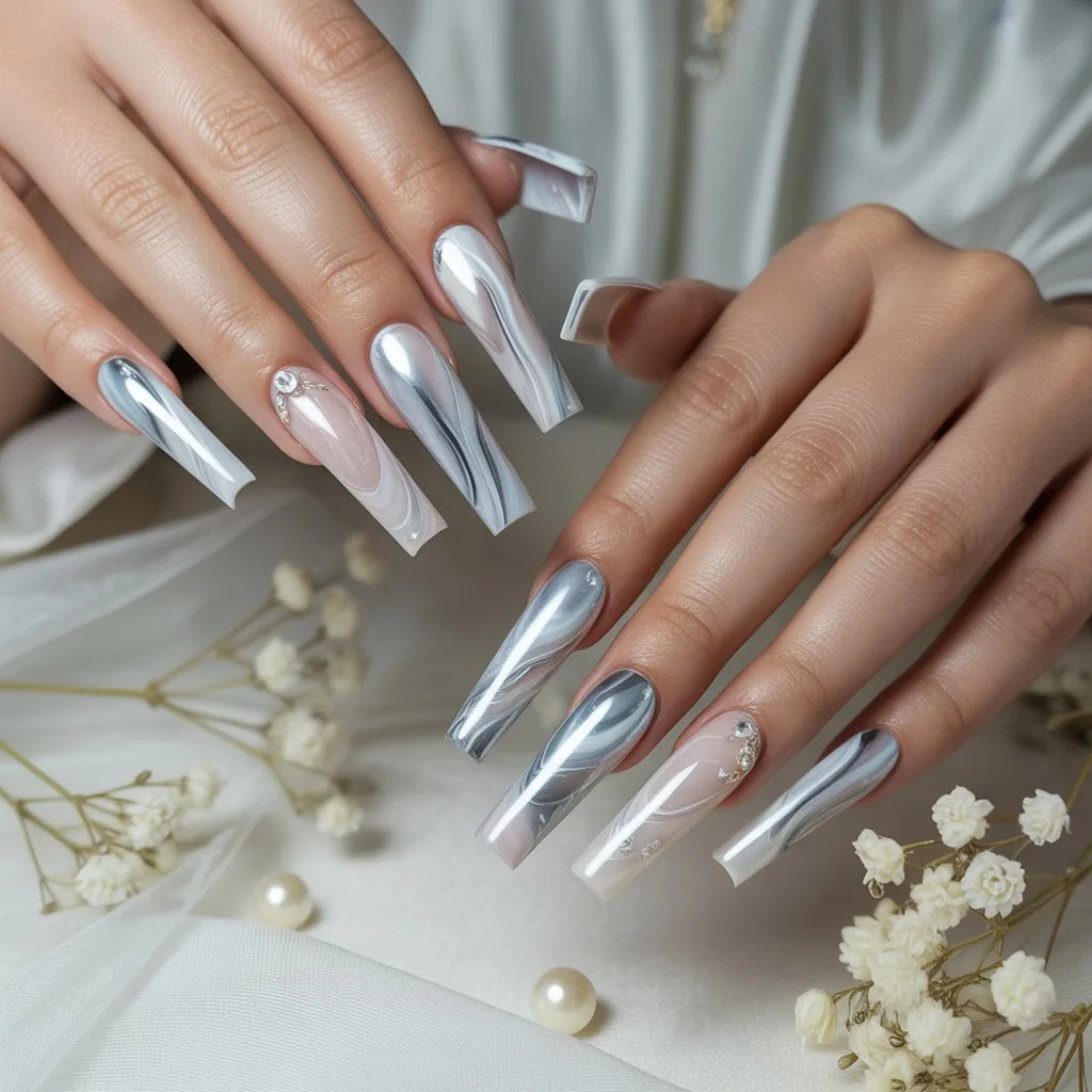 Silver Veil Acrylic Marble Nails