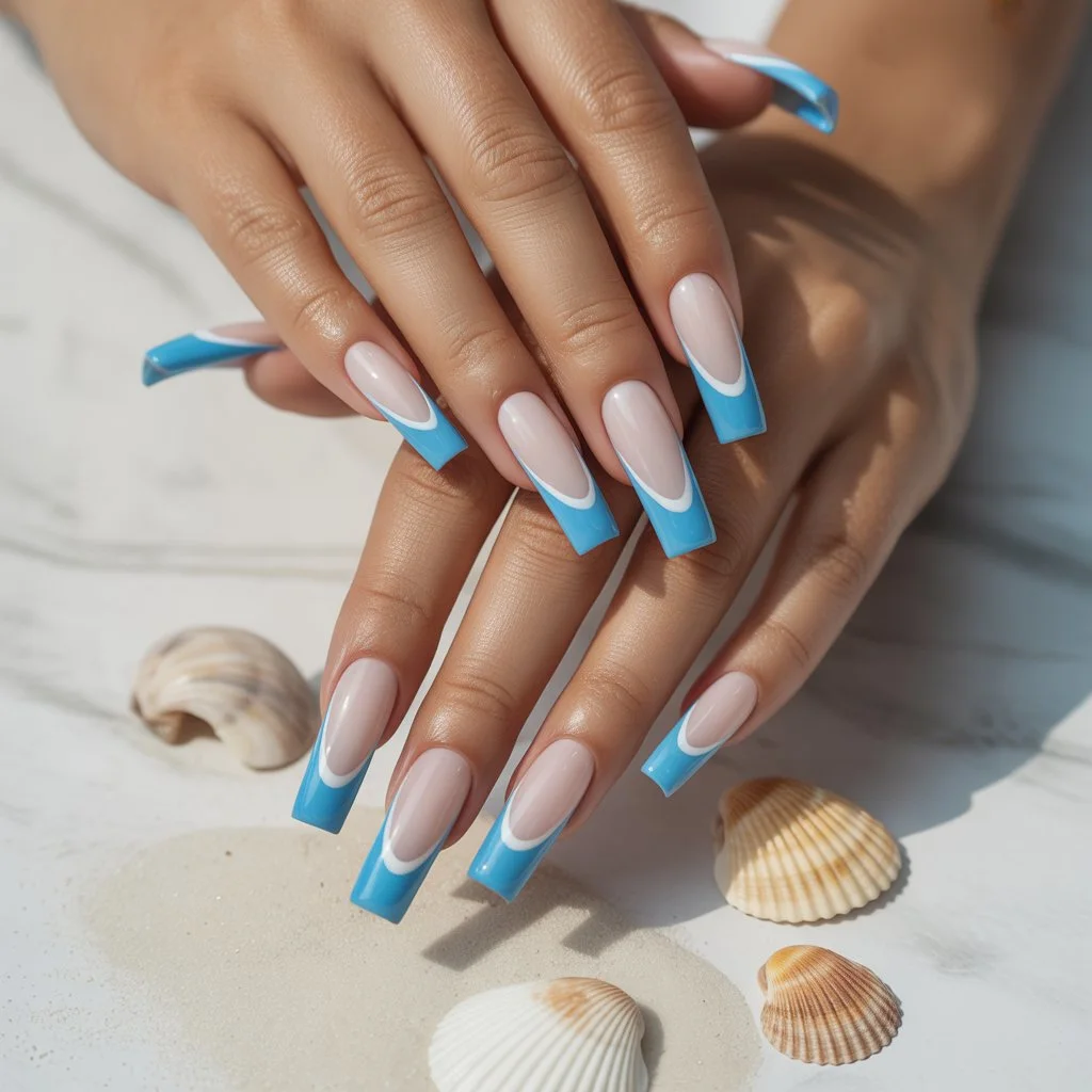 Sky-Blue French Beach Tips Nail