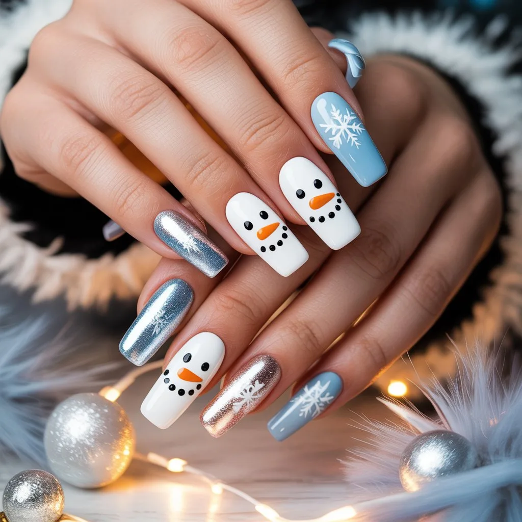 Snowman Face Accent Nails