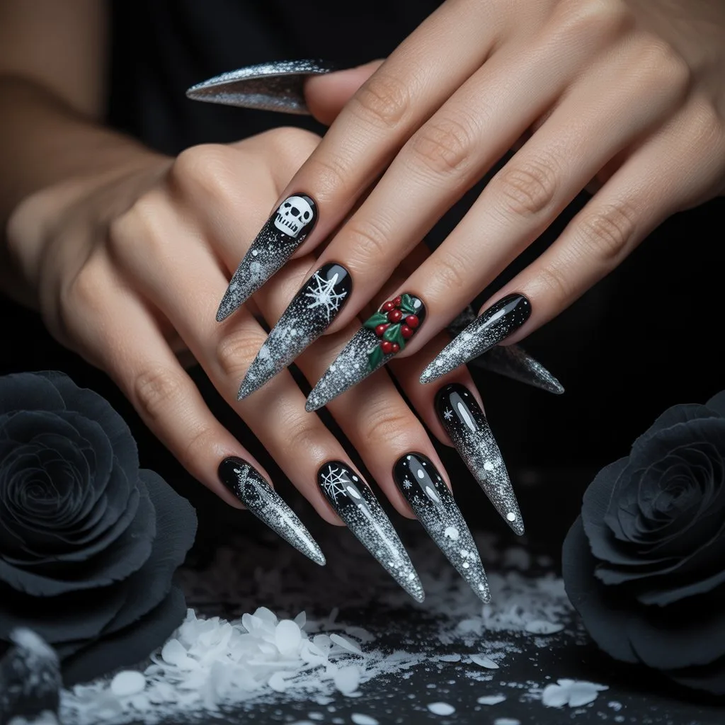 Snowy Black Glitter Ombre Nails
