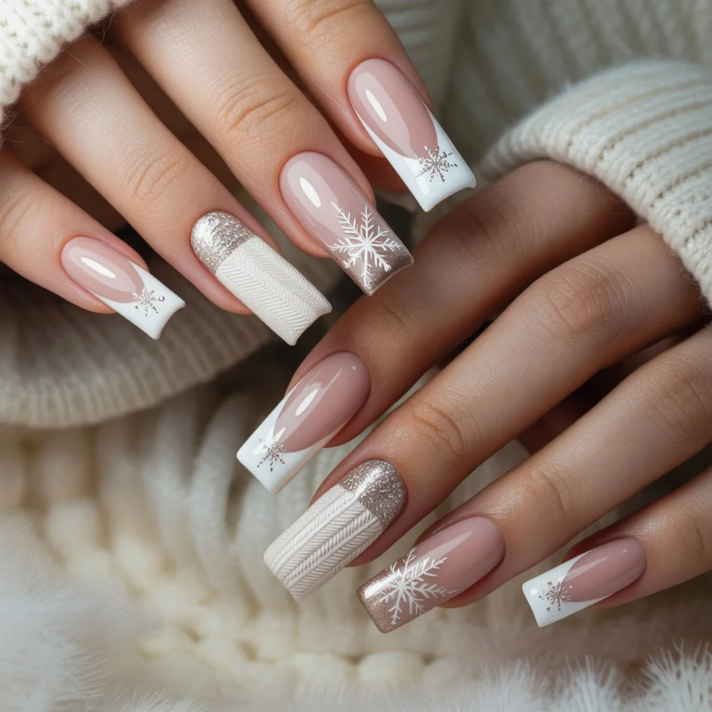 Snowy Cable-Knit French Tips Nail