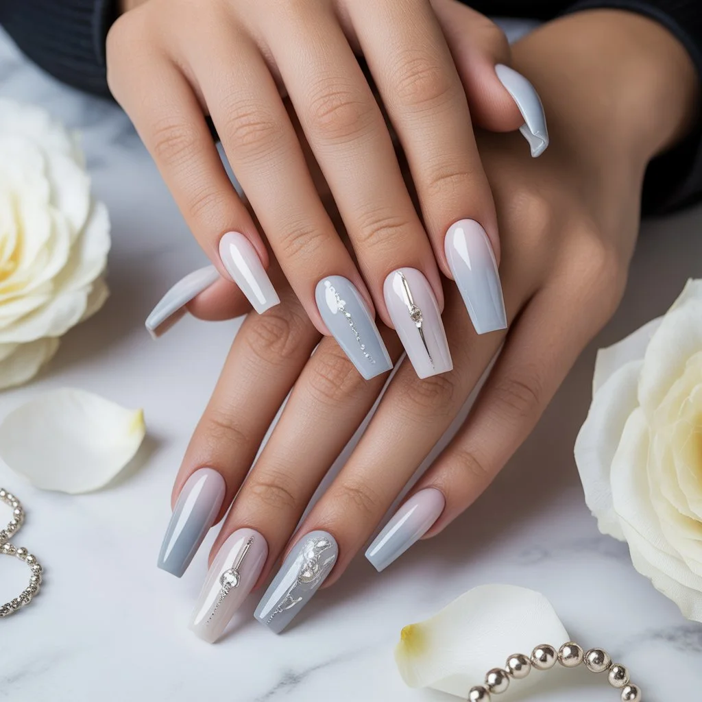 Snowy Pastel Grey Gel Nails
