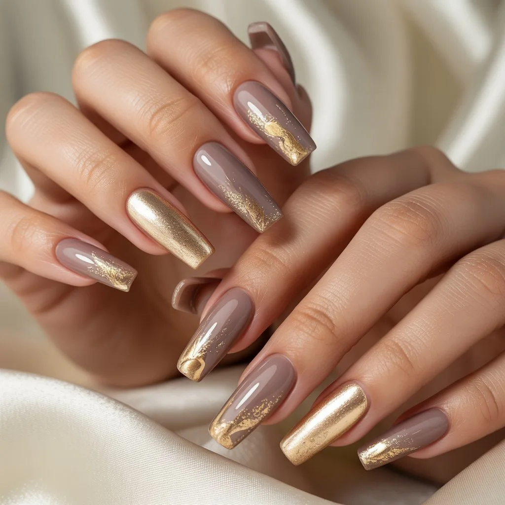 Soft Gold-Dusted Taupe Nails