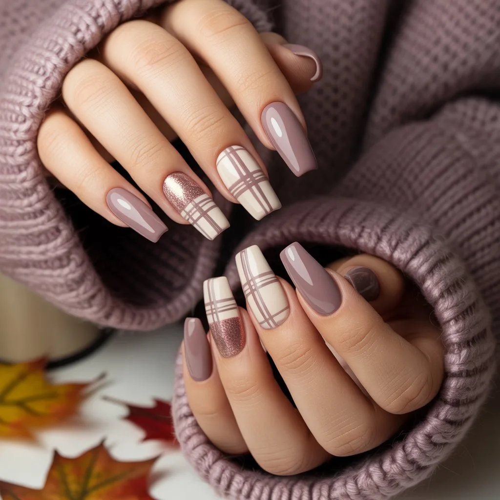 Soft Mauve Sweater Plaid Nails