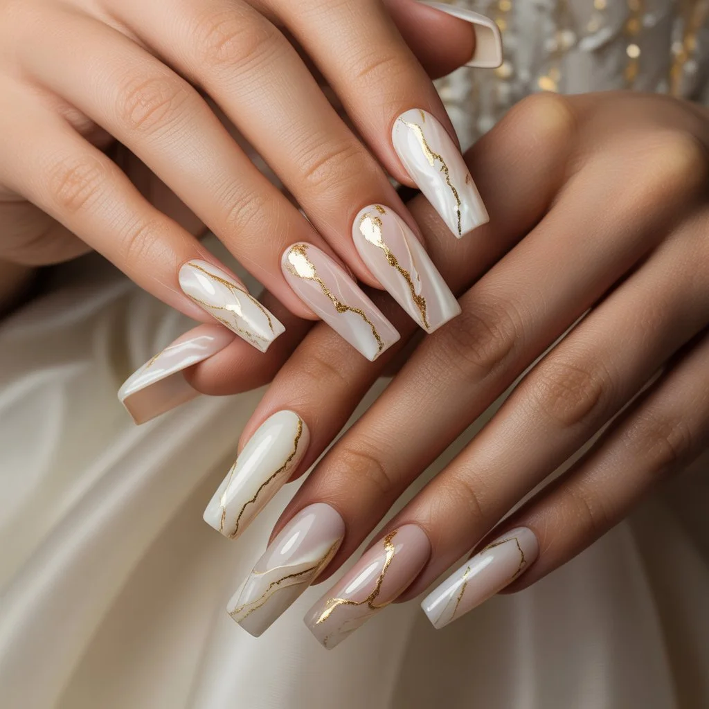 Soft Pearl & Gold Vein Nails