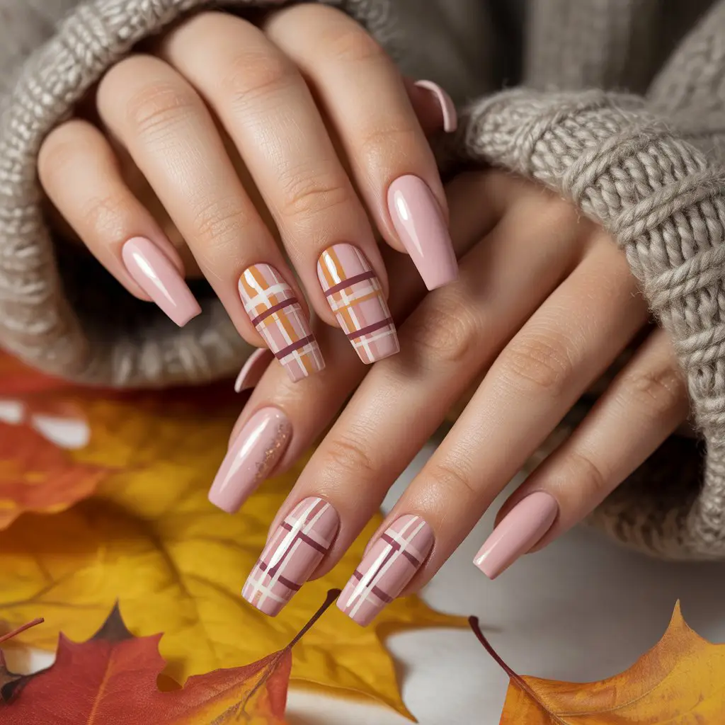 Soft Pink Autumn Plaid Nails