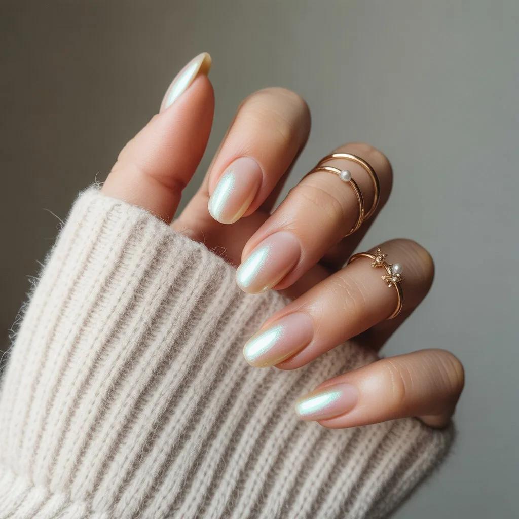 Soft Snowy Pearl Chrome Nails