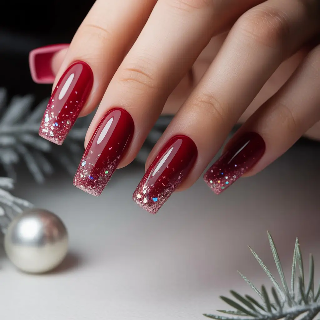 Sparkle-Dipped Red Tips Nail