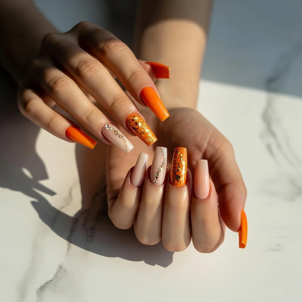 Sparkling Tangerine Accent Nails
