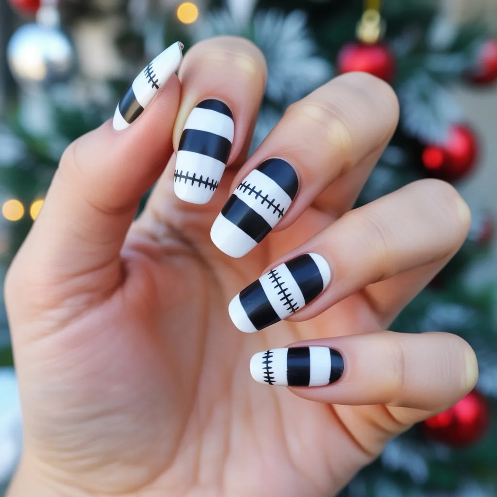 Stitched Black-and-White Stripe Nails