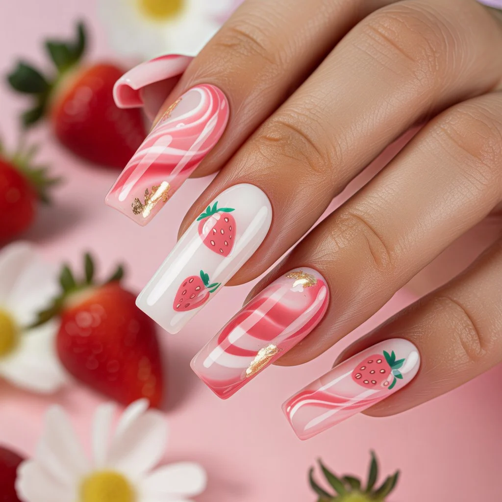 Strawberry Swirl Gel Nails