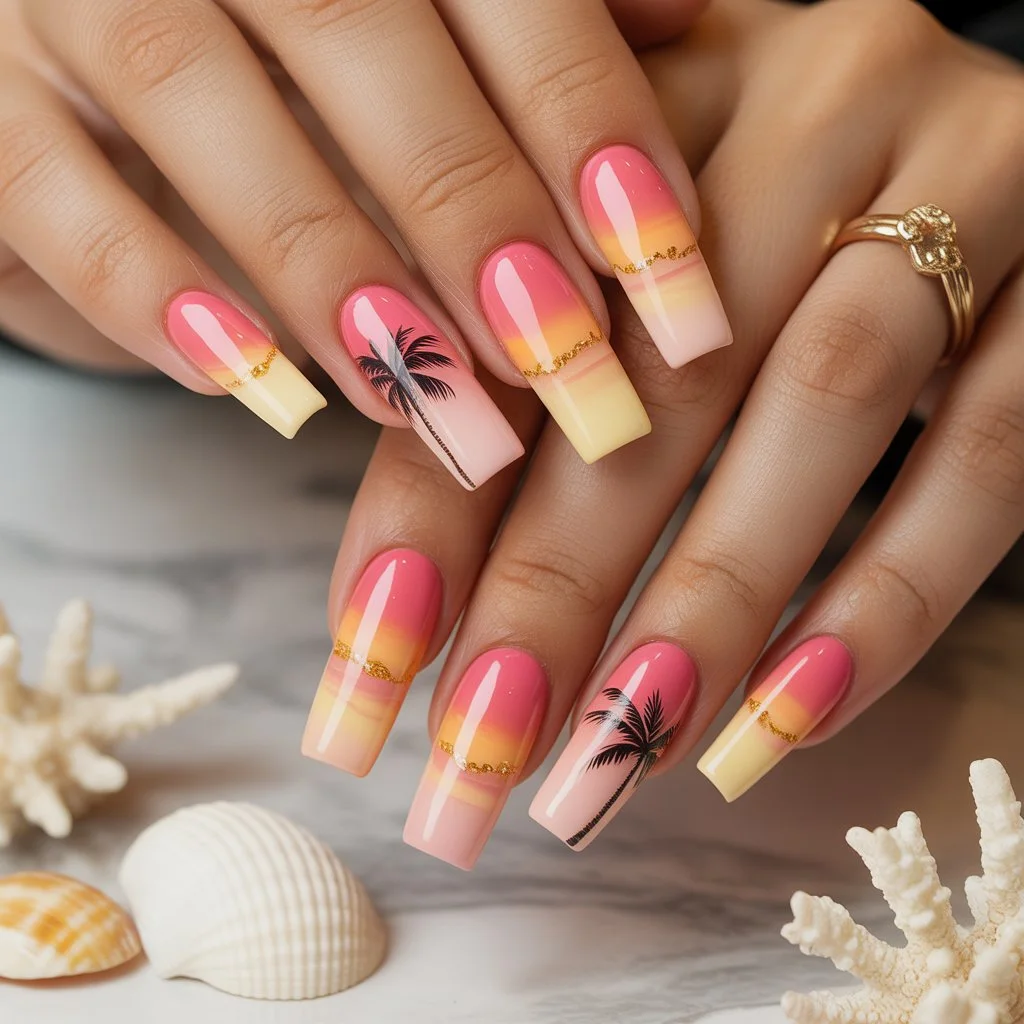 Sunset Ombre Beach Nails