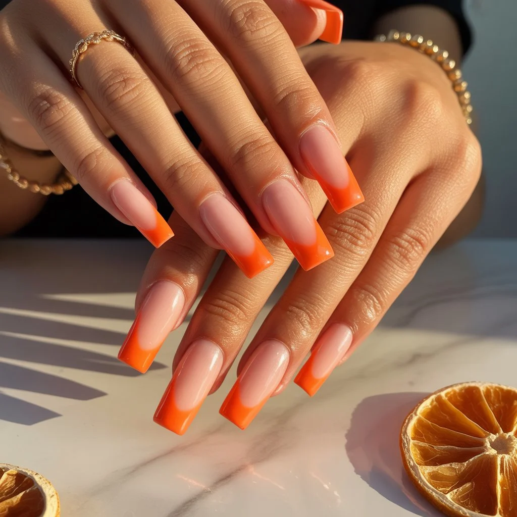 Sunset Orange French Tips Nail