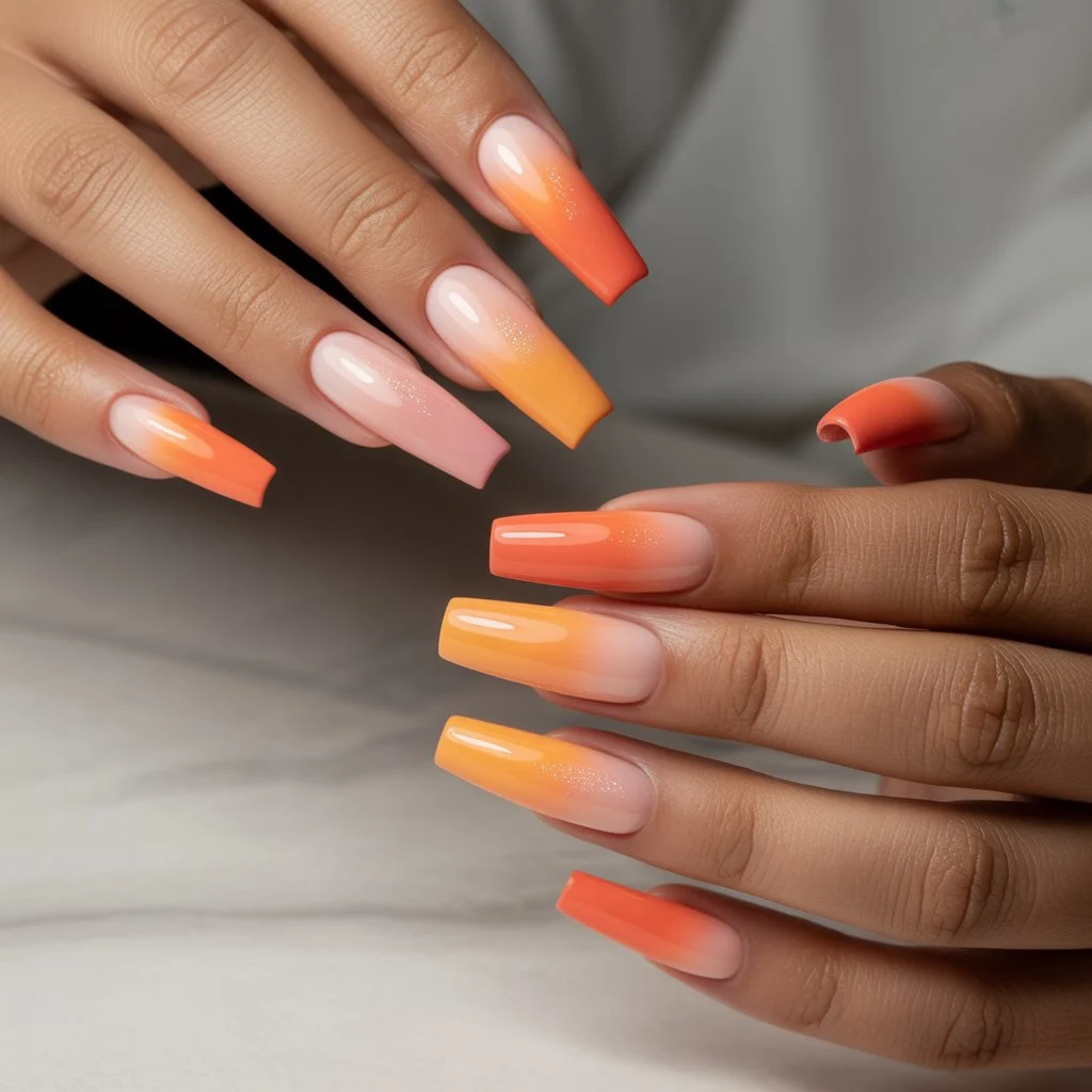 Sunset Orange-Pink Ombre Nails