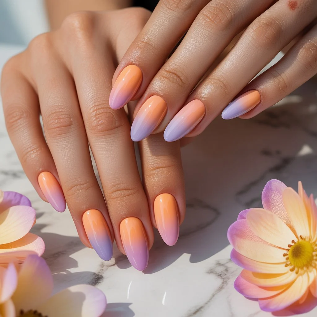 Sunset Peach-Lilac Ombre Nails