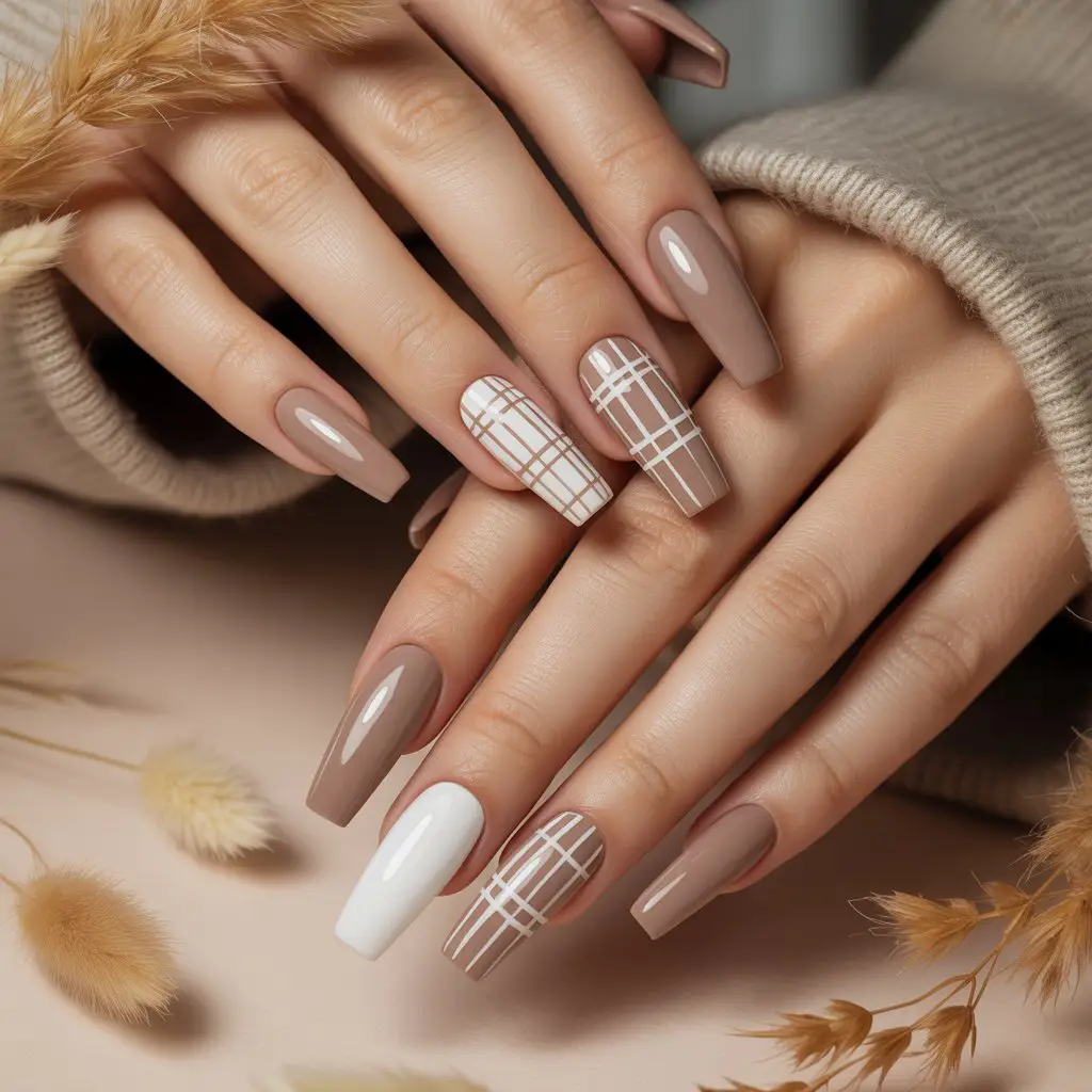 Tan & White Minimal Plaid Nails