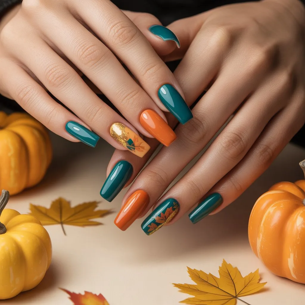 Teal & Pumpkin Duo Nails