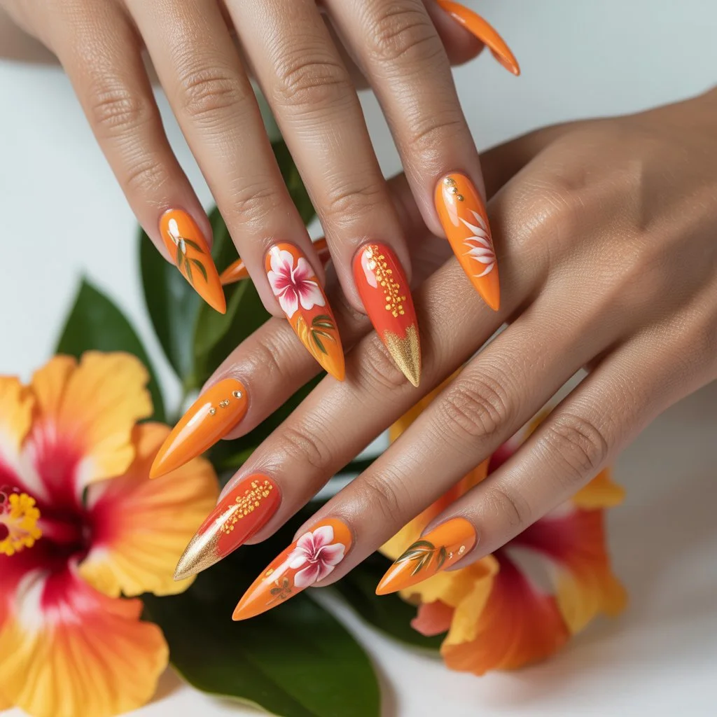Tropical Hibiscus Orange Nails