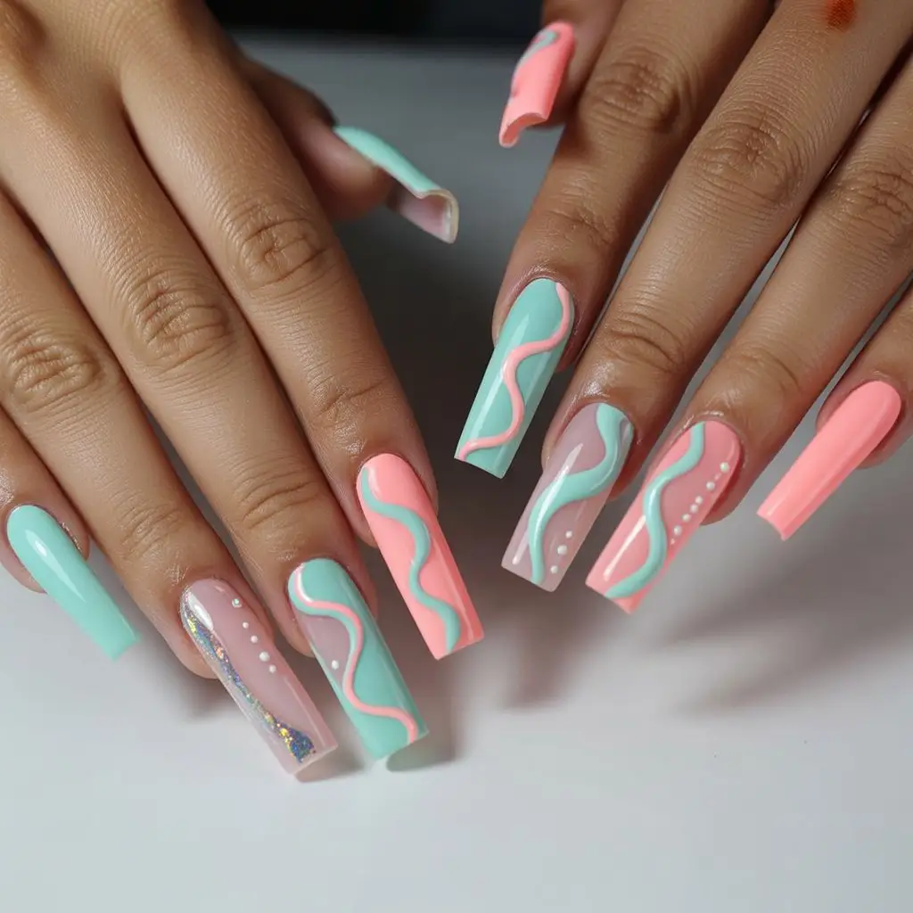 Tropical Mint-Pink Wave Nails