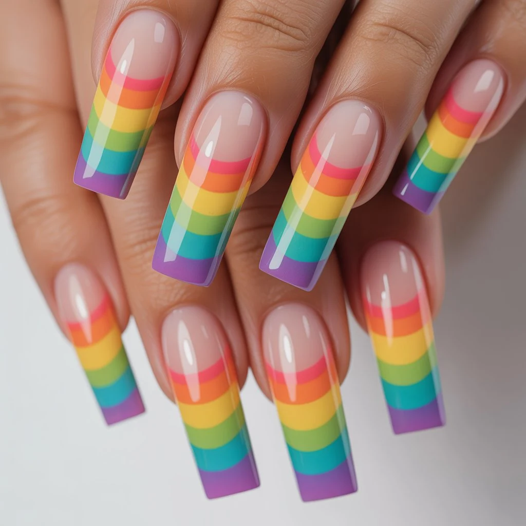 Tropical Rainbow Tip Fade Nails