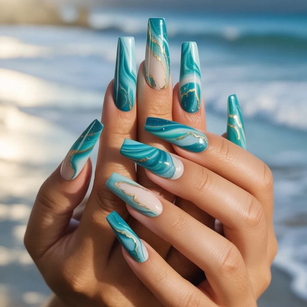 Turquoise Marble Sea Nails