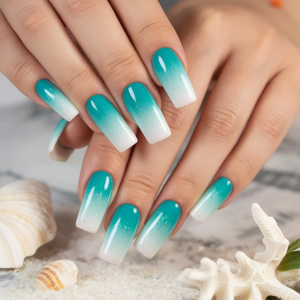 Turquoise-to-White Beach Fade Nails