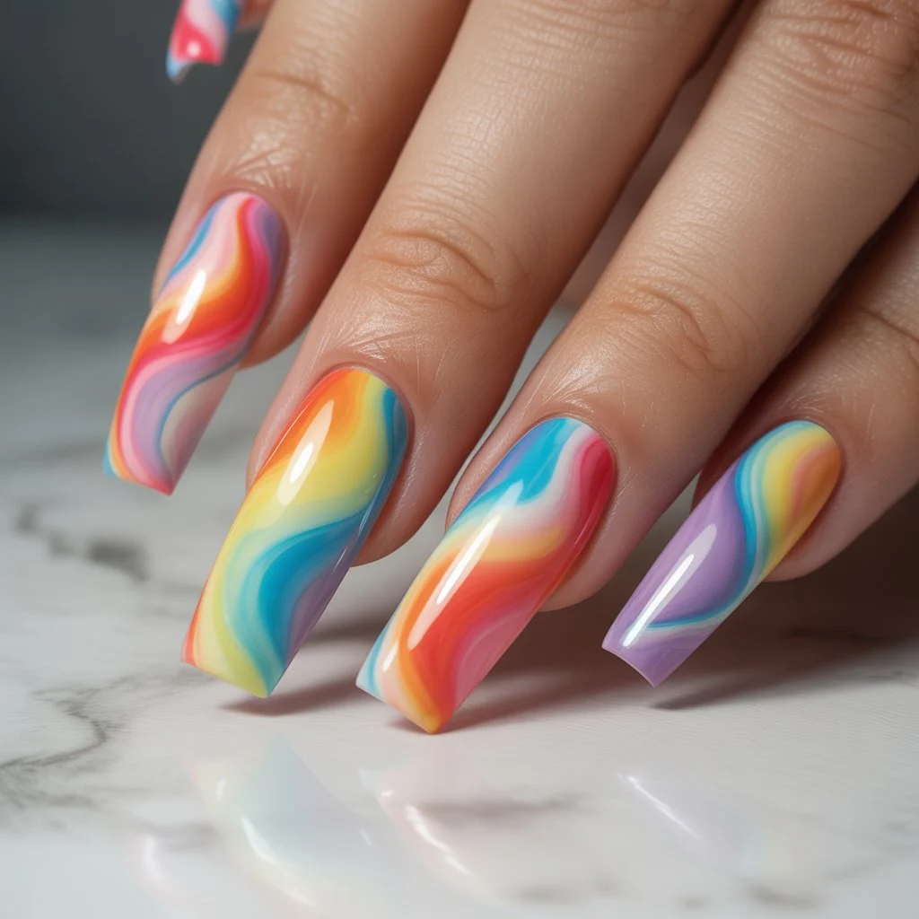 Watercolor Rainbow Swirl Nails