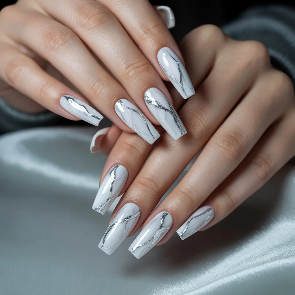 White Quartz Silver Vein Nails