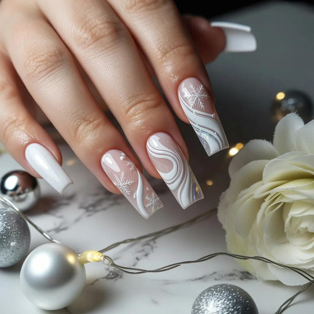 White Swirl Winter Art Nails