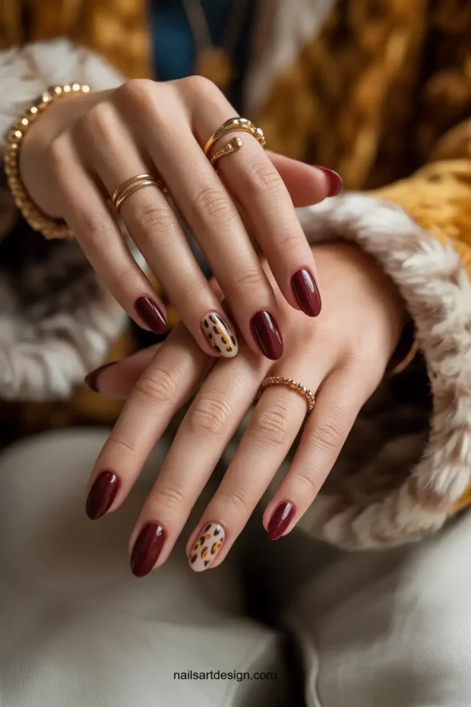Burgundy Cheetah French Tips