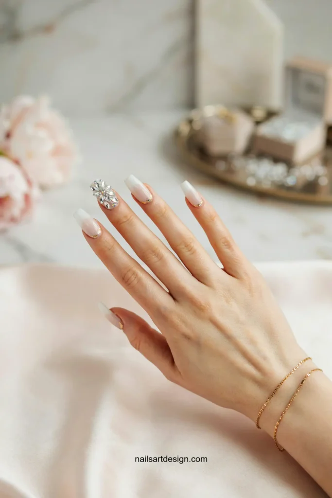 Milky White Rhinestone Nails