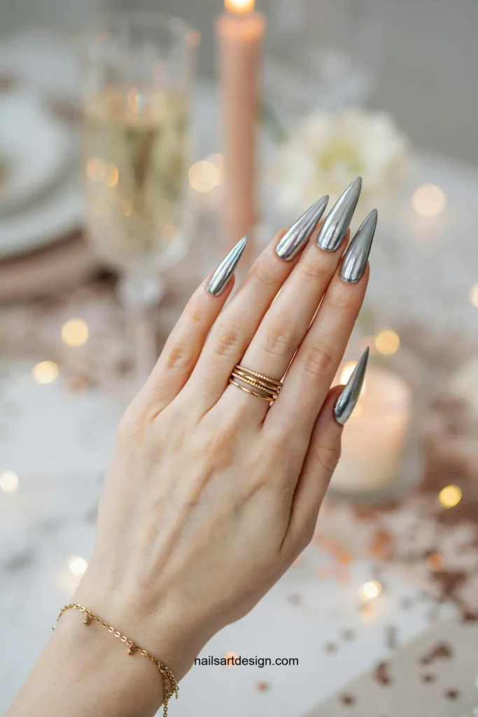 Silver Chrome Stiletto Nails